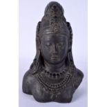 A RARE 17TH/18TH INDIAN ASIAN CARVED STONE BUST OF A DEITY modelled in jewellery wearing double loop
