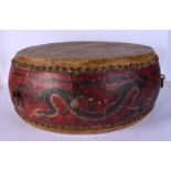 A RARE 18TH/19TH CENTURY CHINESE CARVED WOOD AND LACQUERED DRUM Qing, painted with dragons pursuing