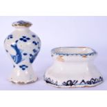 A 17TH/18TH CENTURY FRENCH FAIENCE TIN GLAZED SALT together with a fish painted tin glazed condiment