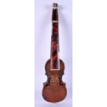 A RARE MINIATURE ANTIQUE VIOLIN with tortoiseshell and mother of pearl fittings. 36 cm long.