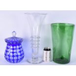 A LARGE ANTIQUE GLASS VASE together with two other pieces of glass. Largest 40 cm high. (3)