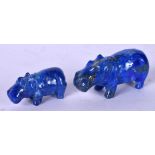 TWO EARLY 20TH CENTURY MIDDLE EASTERN CARVED LAPIS LAZULI HIPPOS. Largest 6 cm wide. (2)