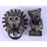 TWO CHARMING NOVELTY BRONZE DOOR KNOCKERS. Largest 7.5 cm x 5.5 cm. (2)