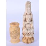 A 19TH CENTURY CHINESE CARVED IVORY FIGURE OF GUANYIN together with a smaller ivory vase. Largest 11