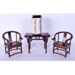 A RARE GROUP OF EARLY 20TH CENTURY CHINESE CARVED WOOD MINIATURE FURNITURE formed as a pair of chair