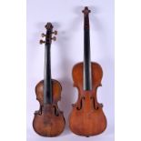 A SMALL ANTIQUE VIOLIN by George Gaskin, together with another similar violin. Largest 52 cm long. (