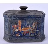 A RARE VICTORIAN ENAMELLED LEAD TOBACCO JAR AND COVER decorated with ethnic figures. 12 cm x 8 cm.