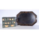 A vintage painted metal tray decorated with foliage together with a small wooden storage box 56 x 40