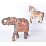 An Indian wooden Elephant together with a horse 18 x 22 cm .