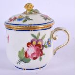 18th c. Sevres custard cup and cover painted with flowers and three blue and gilt lines, remnants of