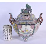 A LARGE 19TH CENTURY JAPANESE MEIJI PERIOD TWIN HANDLED CENSER AND COVER painted with figures and dr