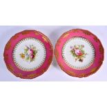 Royal Crown Derby fine pair of plates with raised gilt on a rose pompadour border surrounding splend