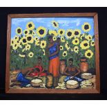 A framed oil on canvas of "Sunflowers " by D Spear 36 x 54 cm .