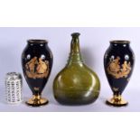 A PAIR OF FRENCH LIMOGES PORCELAIN VASES and a glass vase. Largest 29 cm high. (3)