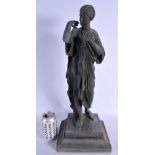 A LARGE ANTIQUE FRENCH SPELTER FIGURE OF A FEMALE upon a slate base. 43 cm high.