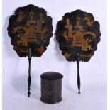 A PAIR OF 19TH CENTURY CHINOISERIE BLACK LACQUER COUNTRY HOUSE FANS together with a similar box and