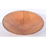 An unusual Heavy Iron leather covered bowl 35 cm .