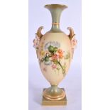 Royal Worcester blush ivory vase with two face mask handles painted with thistles in the manner of E