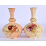 Royal Worcester pair of vases painted with flowers on a blush ivory ground shape 799/G, on gilding b