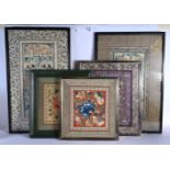 FIVE CHINESE FRAMED SILK WORK EMBROIDERED PANELS. Largest 58 cm x 30 cm. (5)