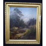 A large framed oil on canvas of a river in a forest by R Pearson 1907.75 x 62 cm.