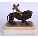 A 19TH CENTURY EUROPEAN GRAND TOUR BRONZE FIGURE OF A LION modelled upon a marble plinth. 11 cm x 11