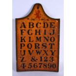 A RARE GEORGE III PAINTED ALPHABET AND NUMBER BOARD possibly a teaching aid. 38 cm x 25 cm.