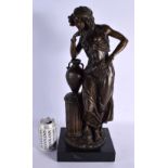 A LARGE CLASSICAL BRONZE SCULPTURE OF A FEMALE modelled leaning upon a column. 50 cm high.