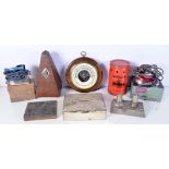 A miscellaneous collection of vintage travel irons, cased gas lamp, Victorian desk wax seal, baromet