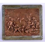 AN ANTIQUE COPPER AND BRONZE PLAQUE depicting putti. 16 cm x 14 cm.