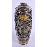 A FINE 19TH CENTURY JAPANESE MEIJI PERIOD SILVER AND ENAMEL RETICULATED VASE in the manner of Hirats