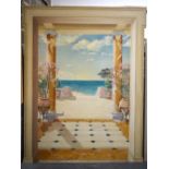 A HUGE ART DECO FRENCH PAINTED WOOD PANEL depicting a coastal landscape. 235 cm x 185 cm.