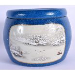 A RARE CHINESE REPUBLICAN PERIOD BLUE GLAZED CENSER AND COVER decorated with snowy landscapes. 12 cm