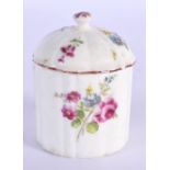 18th c. Mennecy toilet pot and cover of fluted form painted with flowers the cover with a button kno