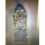 A SET OF FOUR ANTIQUE RELIGIOUS STAINED GLASS WINDOWS, depicting religious figures, roman soldiers