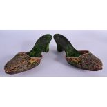 A PAIR OF 18TH CENTURY BEADWORK SLIPPERS decorated with foliage. 24 cm long.