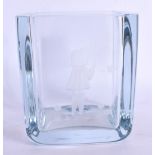 A CHARMING SCANDINAVIAN CLEAR GLASS VASE decorated with a girl with flowers. 12 cm x 10 cm.
