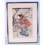 Kuniyoshi (19th Century) Woodblock, Geisha in a landscape. 40 cm x 30 cm.