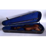 A CASED TWO PIECE BACK VIOLIN with bow, bearing label to interior Antonius Stradivarius Cremonenfis