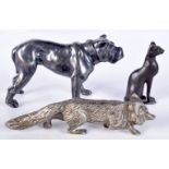A small cast metal model of a Bull dog together with a small bronze cat and model of a fox 6.5 x 11