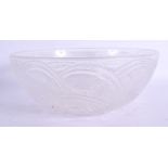 A LARGE FRENCH LALIQUE GLASS BOWL decorated with birds and motifs. 22 cm diameter.