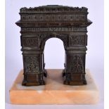 A 19TH CENTURY FRENCH GRAND TOUR MARBLE AND BRONZE MODEL formed as the Arc De Triomphe. 15 cm x 13 c