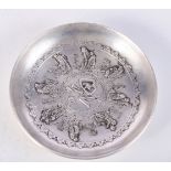 A CHINESE WHITE METAL DISH DECORATED WITH ARTISANS. 8.8cm x 1.6cm, weight 122g