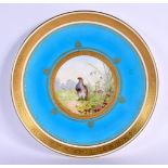 19th c. Minton cabinet plate painted with a grouse in landscape, with turquoise and gilt ground and