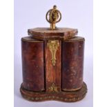 A RARE 19TH CENTURY EUROPEAN GILT METAL LEATHER PERFUME SET with glass bottles. 21 cm x 11 cm.