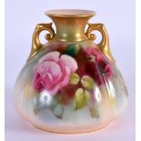 Royal Worcester vase painted with roses shape H155 date mark 1910. 8.5cm high.