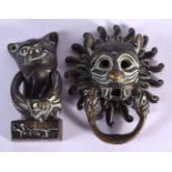 TWO CHARMING NOVELTY BRONZE DOOR KNOCKERS. Largest 7.5 cm x 5.5 cm. (2)