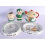A MABEL LUCIE ATTWELL TEASET together with two babies plates. Largest 19 cm wide. (5)