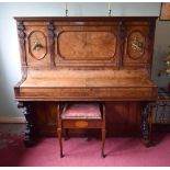 A FINE ANTIQUE BURR WALNUT VOGEL PIANO with brass candle sconces. Note: The piano is kept off site,