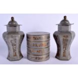 A PAIR OF EARLY 20TH CENTURY CHINESE PEWTER VASES AND COVERS together with a similar box. Largest 19